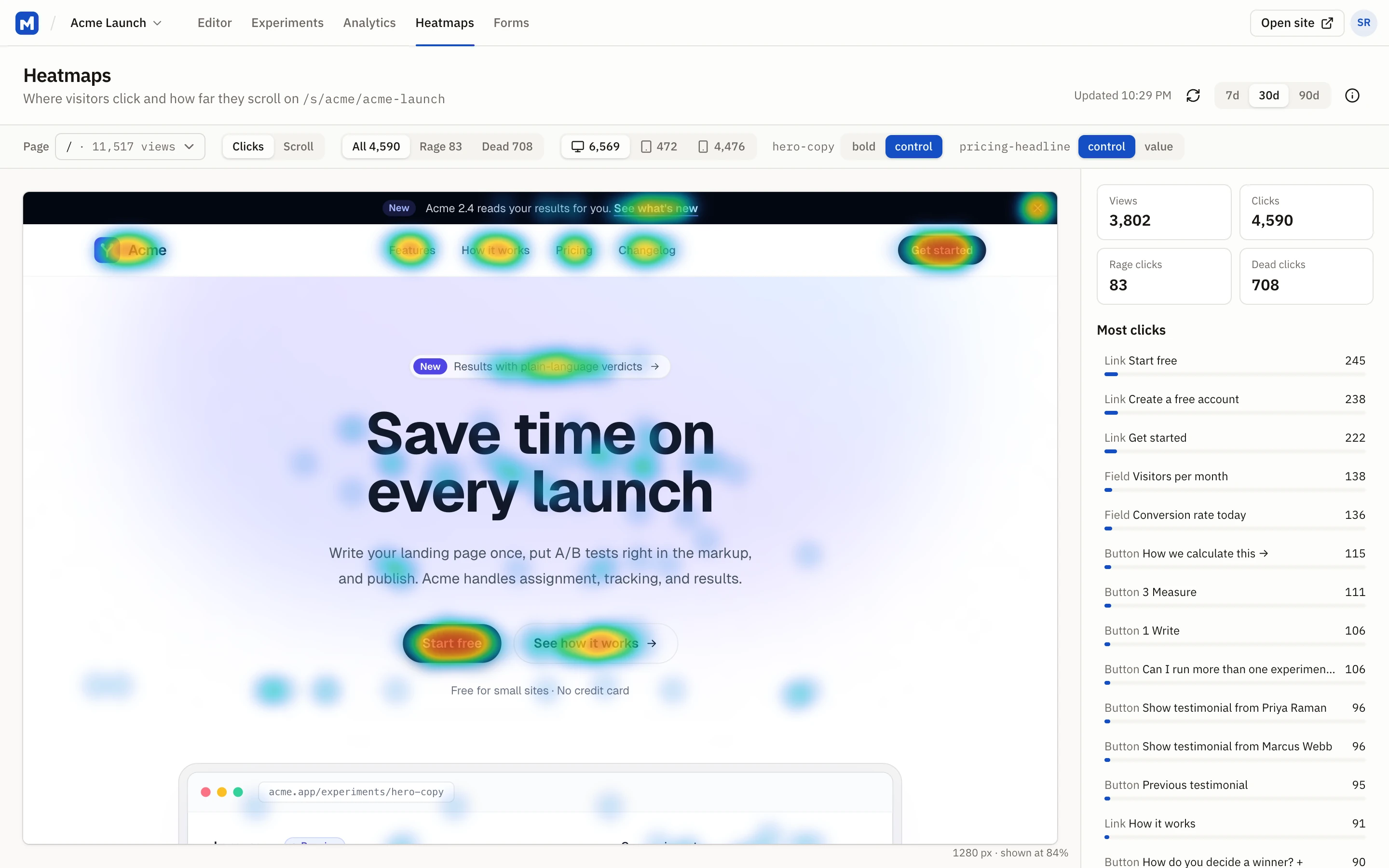 Heatmaps: a page's clicks painted over it, with the elements clicked most