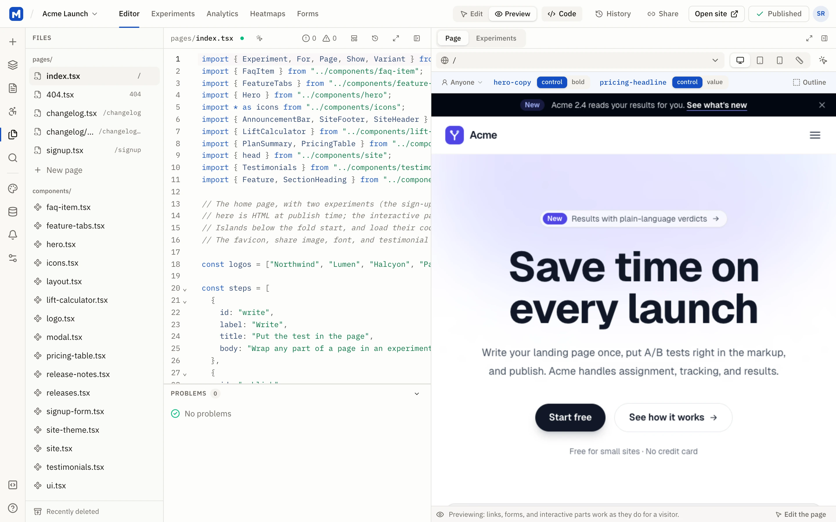 The studio: the site's files, the home page's code, and a live preview of the page
